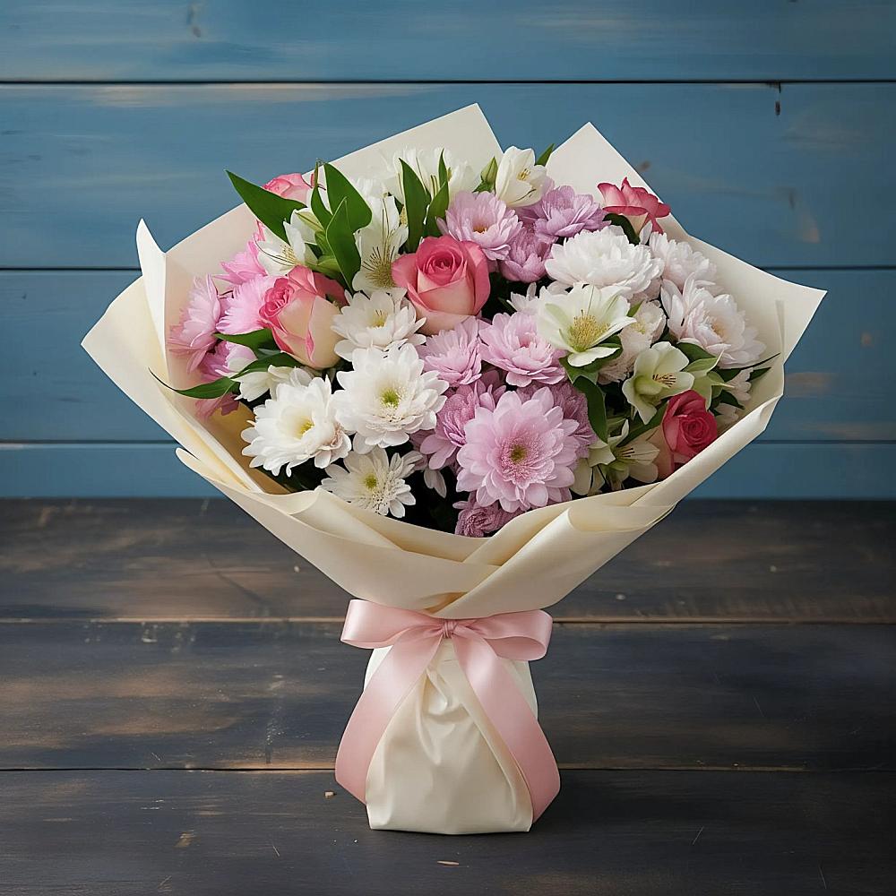 Букет цветов из: Хризантемы, Альстромерии и Розы в Тамани